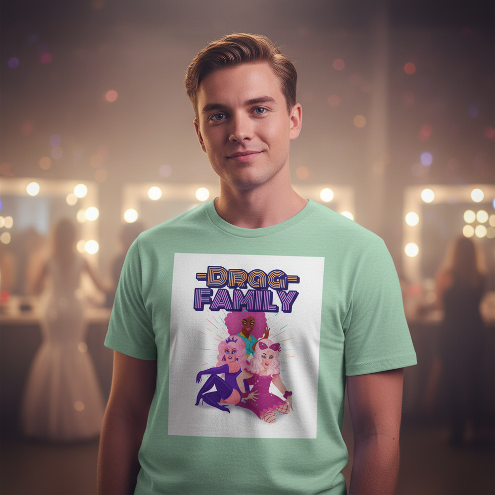 Mint-green Drag Family Unisex T-Shirt with bold pride graphic, worn by a smiling person backstage