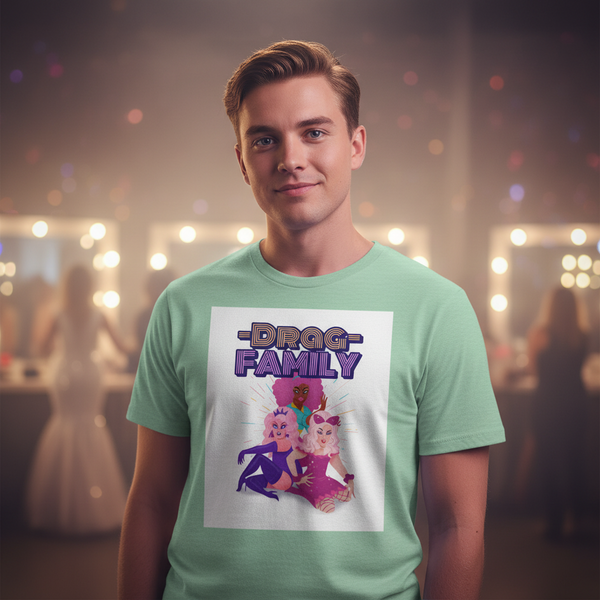 Mint-green Drag Family Unisex T-Shirt with bold pride graphic, worn by a smiling person backstage