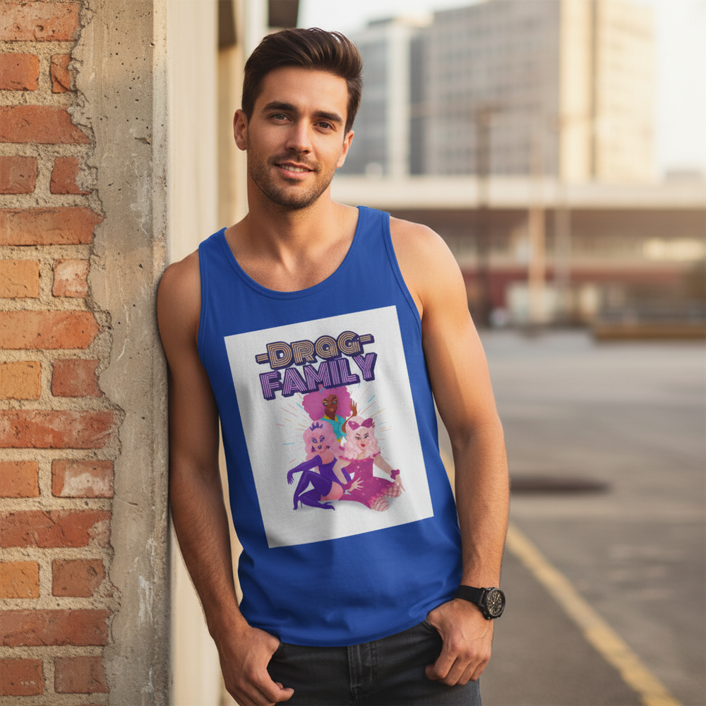 Drag Family Unisex Tank Top with a bold, colorful cartoon print, worn by a bearded person outdoors by a brick wall