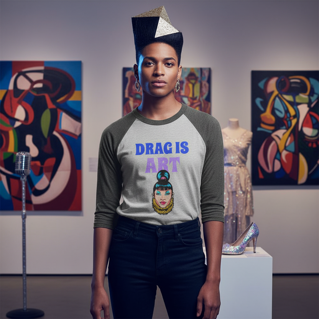 Drag Is Art 3/4 sleeve raglan tee on a person with a tall geometric hairstyle in a gallery—queer art, glitter dress