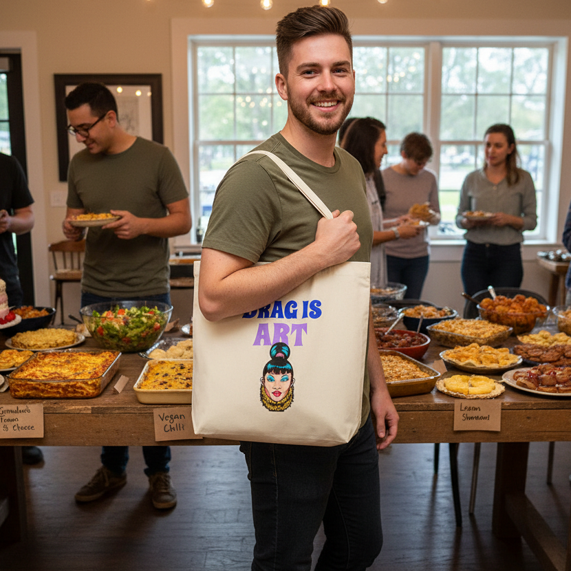 Drag Is Art Eco Tote Bag, held by a smiling bearded person