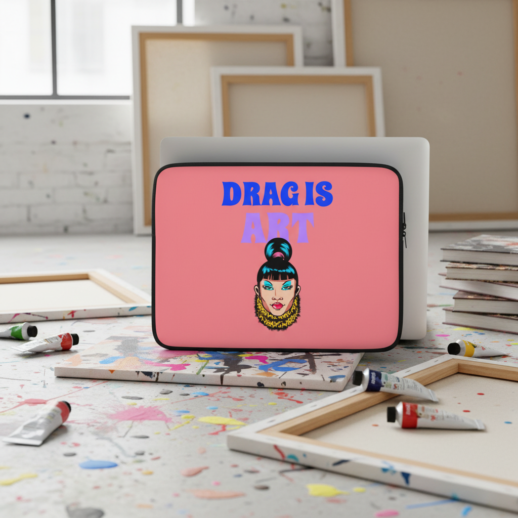 Laptop sleeve made of pink neoprene, features a drag queen face and bold “DRAG IS ART” in blue and purple