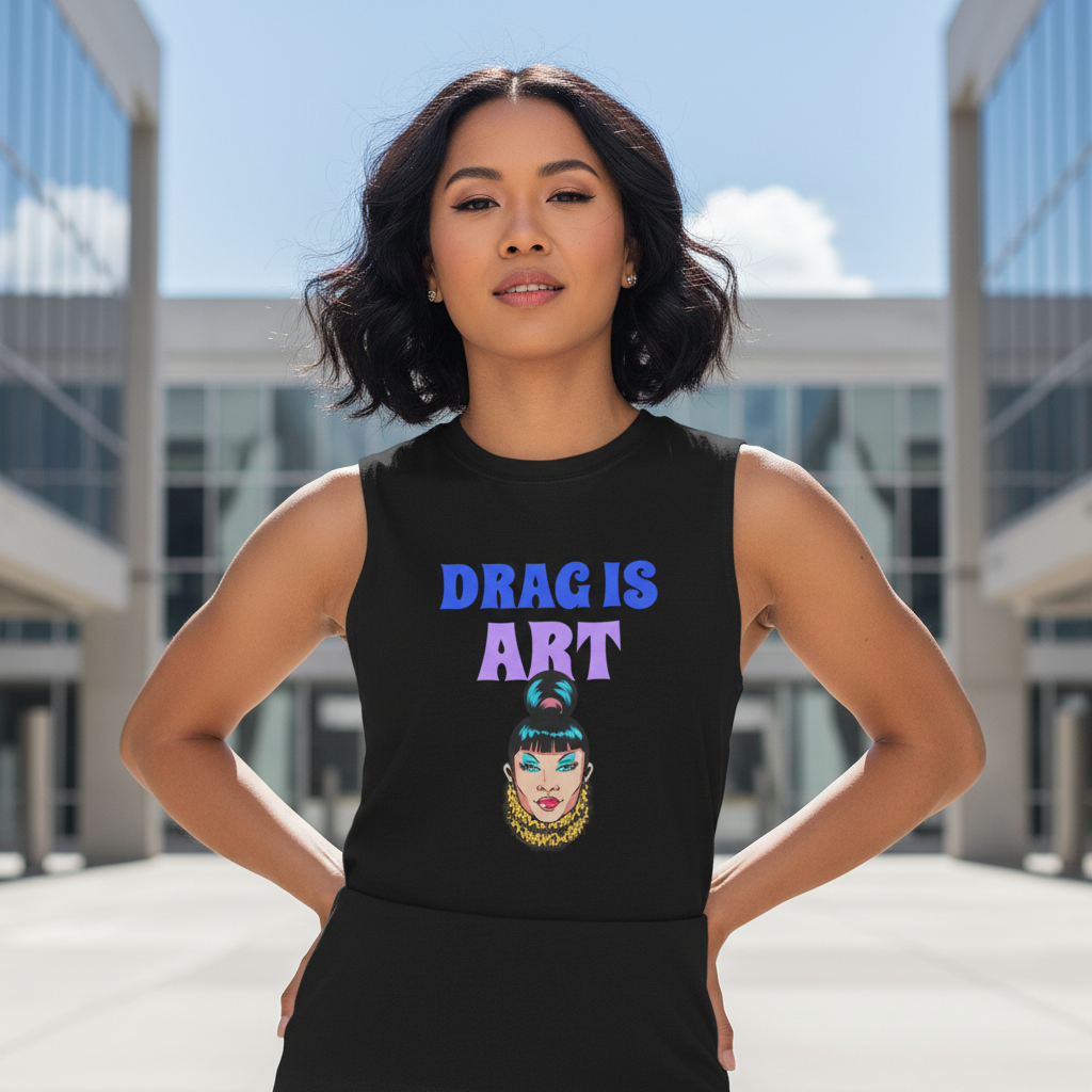 Drag Is Art Muscle Top with bold blue and purple "Drag Is Art" text above a drag queen graphic