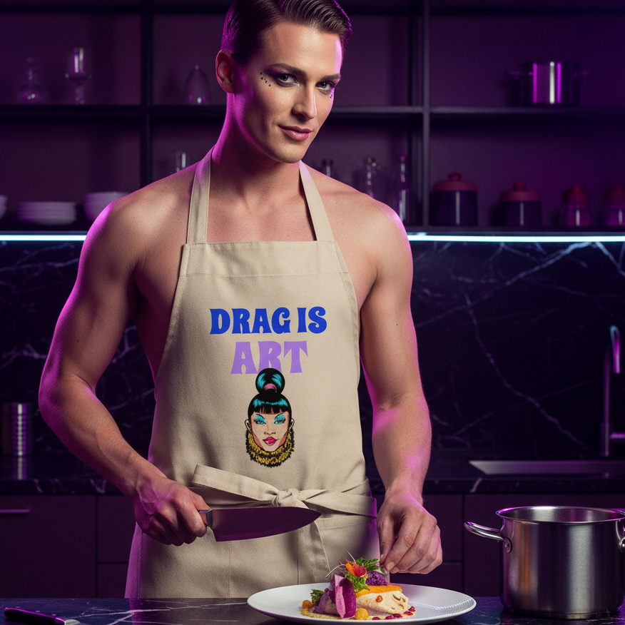 Person wearing a beige “DRAG IS ART” apron while plating food in a purple-lit kitchen