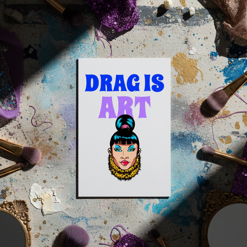 Drag Is Art postcard with bold blue and purple text over a stylized drag queen, surrounded by paint, brushes, glitter