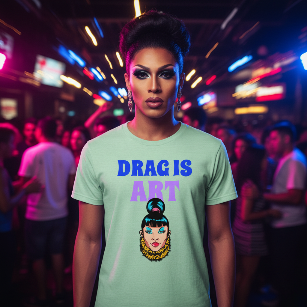 Drag Is Art T-shirt with bold lettering and illustrated drag face