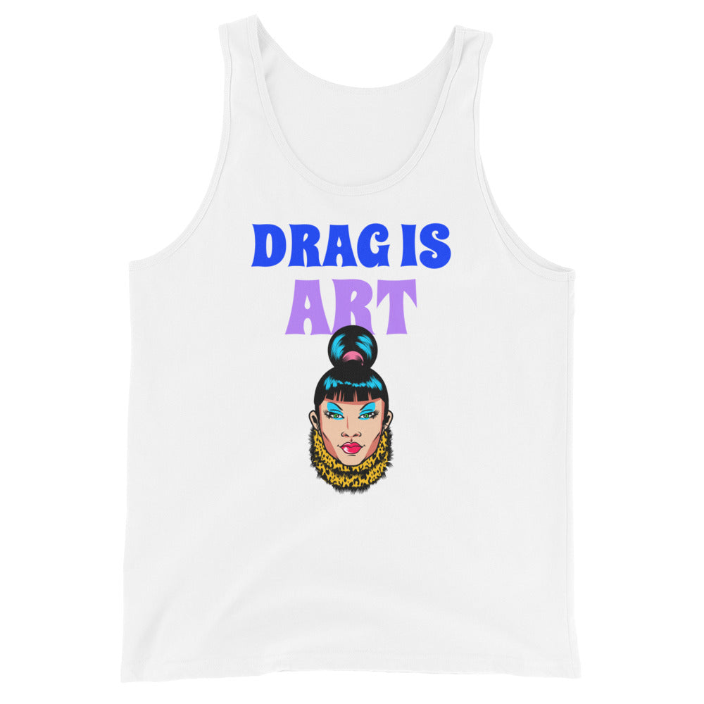 Unisex tank top with bold blue and purple "DRAG IS ART" above a drag queen: teal bun, blue shadow, red lips, leopard collar.