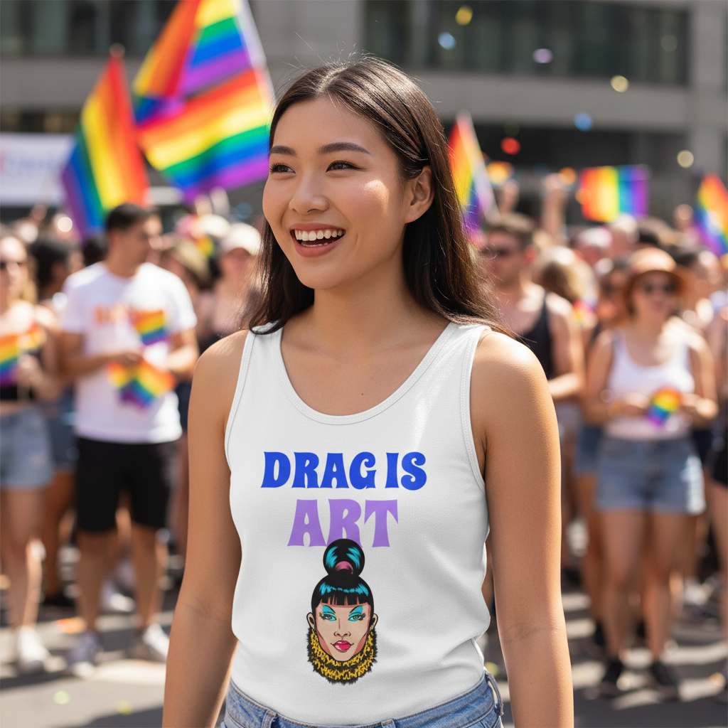 Drag Is Art Unisex Tank Top with bold "Drag Is Art," vivid drag queen art; woman at Pride, rainbow flags waving behind her.