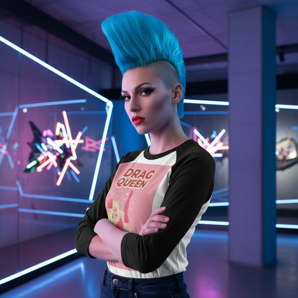 Drag Queen 3/4 Sleeve Raglan Shirt worn by a person with a tall blue mohawk, bold makeup