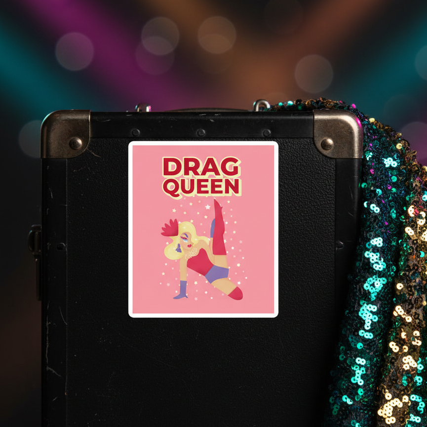 Drag Queen Bubble-Free Sticker in pink on a black case; illustration of a diva in red leotard and boots, sequins