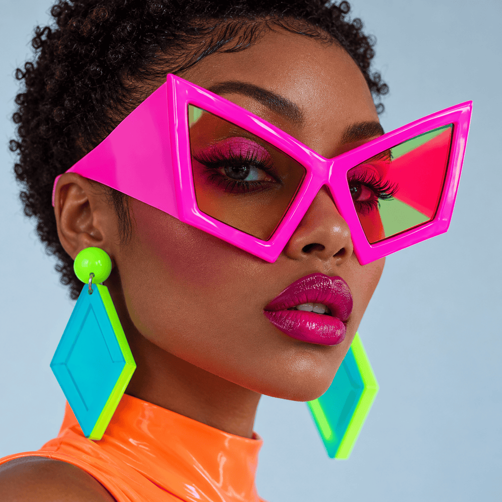 Close-up model wearing oversized hot-pink cat-eye sunglasses with tinted lenses