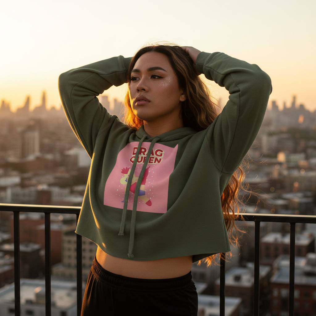 Drag Queen Crop Hoodie in green with bold pink "DRAG QUEEN" text, worn with black pants at sunset