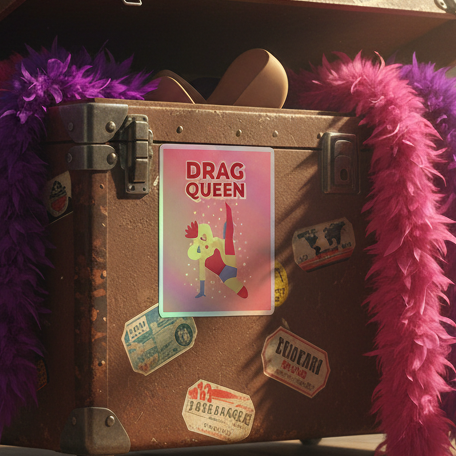 Vintage brown suitcase with Drag Queen holographic stickers, pink and purple feather boas, “DRAG QUEEN” poster, heels inside.