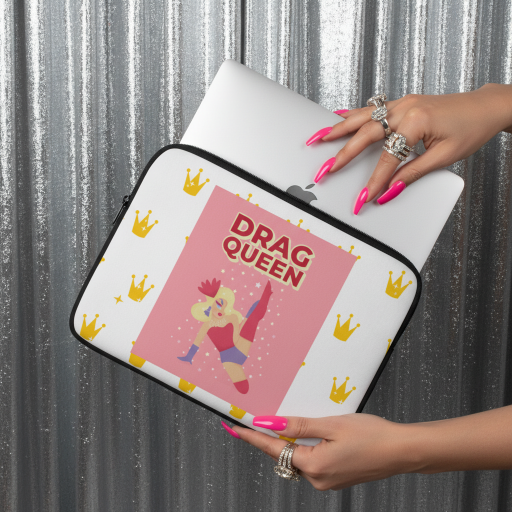 Drag Queen Laptop Sleeve with yellow crowns and queen art, held by hands with pink nails and silver rings