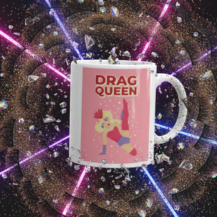 White mug with pink “DRAG QUEEN” design and illustrated performer, shown against glittering neon lights
