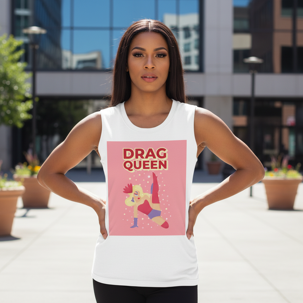 Drag Queen Muscle Top, sleeveless with “DRAG QUEEN” in bold above a vibrant dancing drag queen graphic; wearer