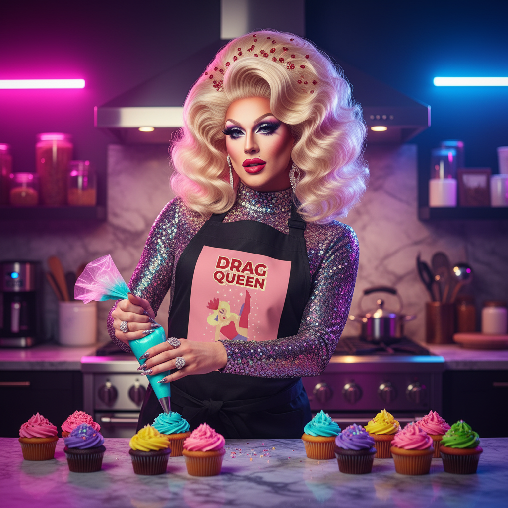Drag performer in a sequined top and blonde wig wears a black “DRAG QUEEN” apron while decorating cupcakes