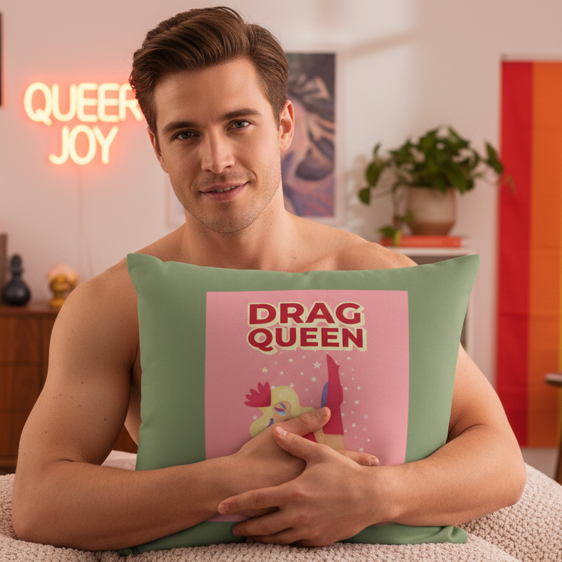 Shirtless person on bed holds a Drag Queen Pillow with “DRAG QUEEN” text and cartoon; neon “QUEER JOY” sign, plant