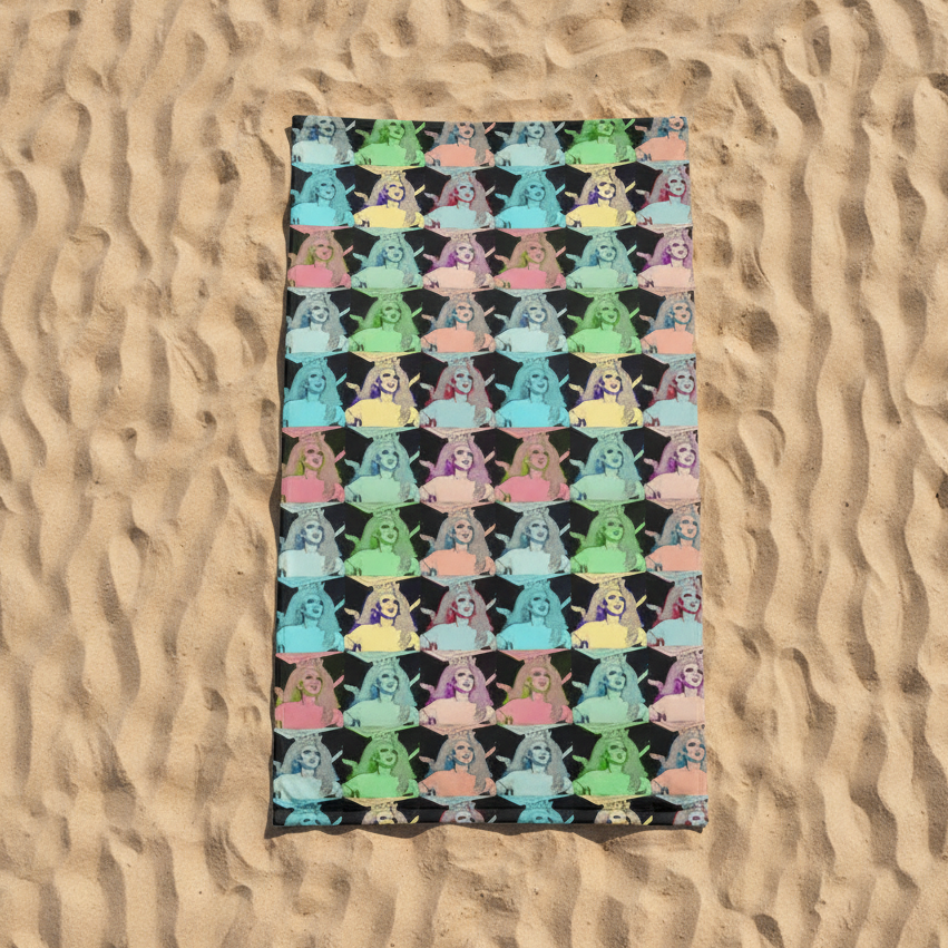 Beach towel with vibrant pastel pop-art print of a crowned drag queen in bold, colorful attire on a dark background