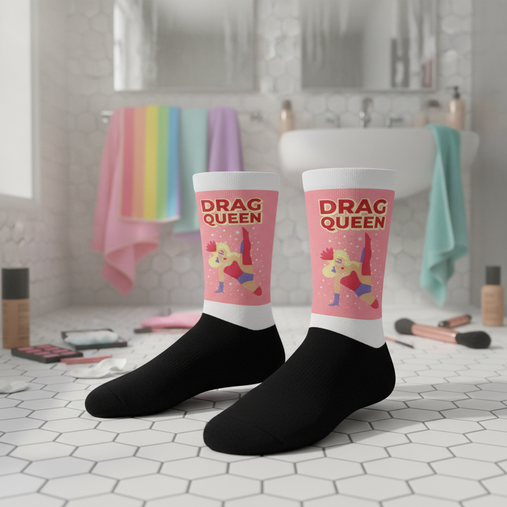 Pair of black crew socks with pink "DRAG QUEEN" cuffs and dancing figures on a tiled bathroom counter