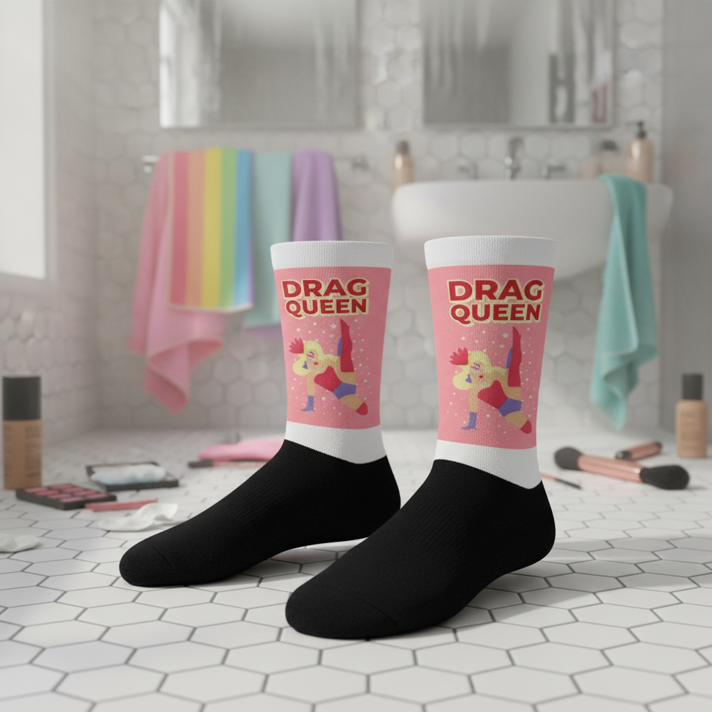 Pair of black crew socks with pink "DRAG QUEEN" cuffs and dancing figures on a tiled bathroom counter