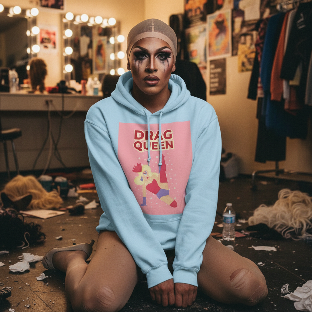 Drag performer wearing a light blue hoodie reading “DRAG QUEEN” in a dressing room