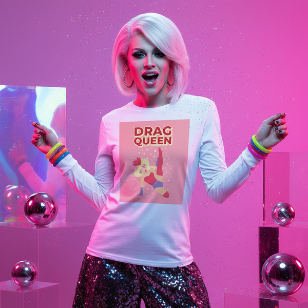 Drag queen wearing a white long-sleeve shirt reading “DRAG QUEEN” with a dancing figure