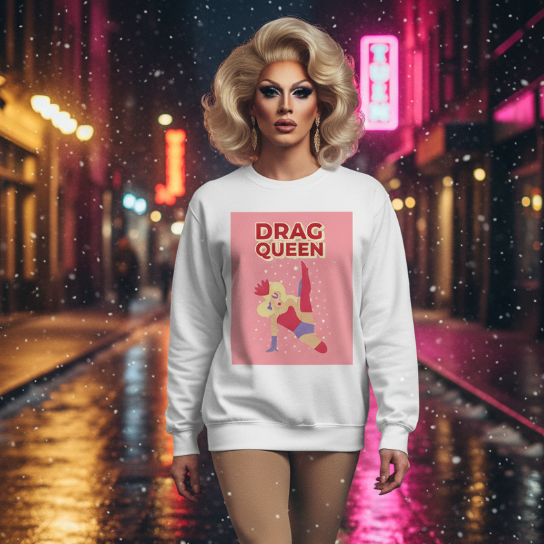 Drag performer wearing a white sweatshirt with a pink DRAG QUEEN graphic on a neon-lit street