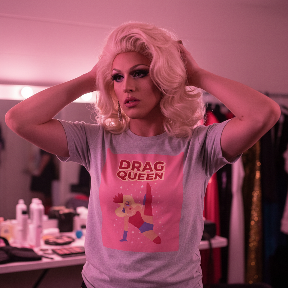 Drag Queen Unisex T-Shirt in a pink-lit dressing room, showing a cartoon drag queen and “DRAG QUEEN” text