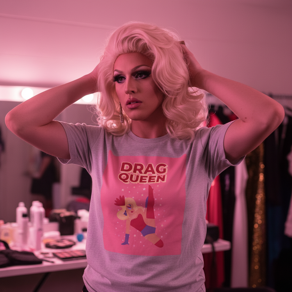 Drag Queen Unisex T-Shirt in a pink-lit dressing room, showing a cartoon drag queen and “DRAG QUEEN” text