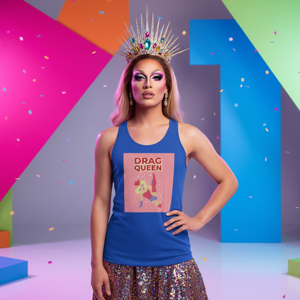 Drag Queen Unisex Tank Top with bold text and performer art, rocked by a drag queen in dramatic makeup, crown, sequined skirt