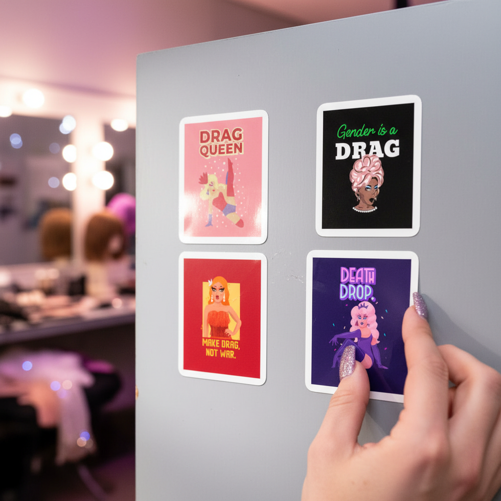 Set of 4 bubble-free drag stickers on a gray locker: DRAG QUEEN, Gender is a DRAG, Make Drag