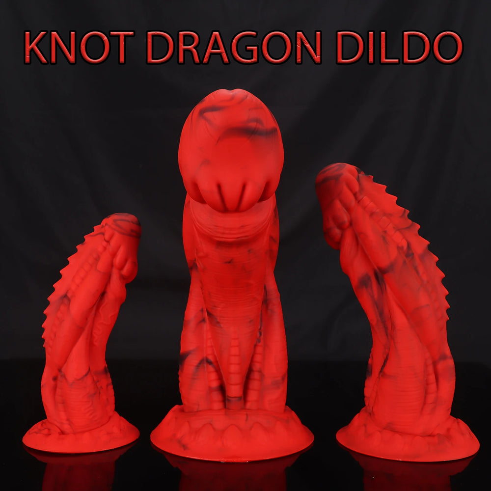 Three red dragon-themed anal dildos with textured bodies and flared bases