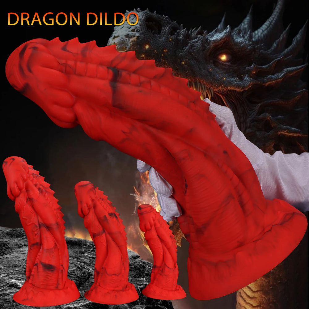 Red dragon-shaped dildo shown in close-up, with ridges, scales, and a flared base