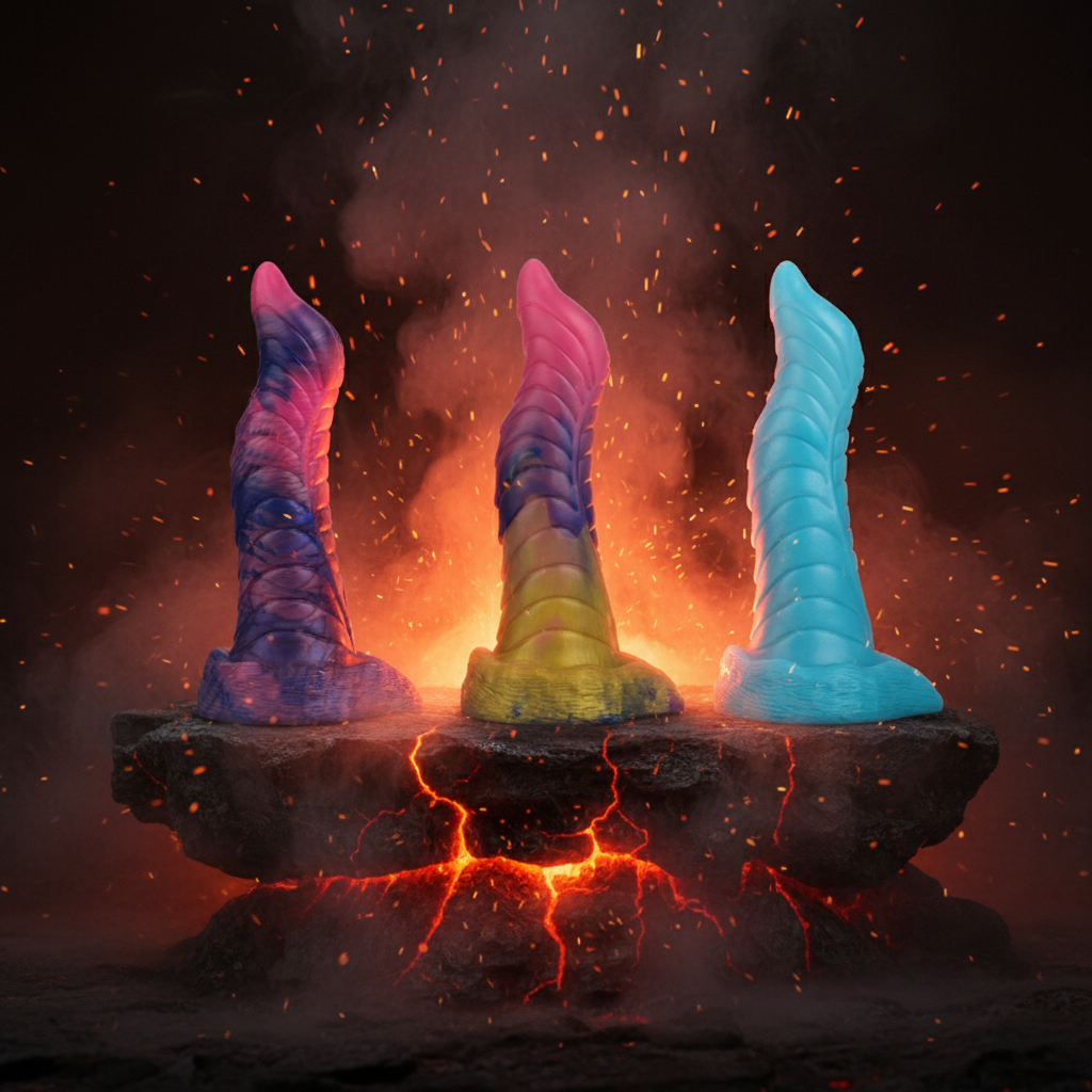 Three ribbed fantasy dildos in purple, yellow, and blue on a lava-lit rock platform
