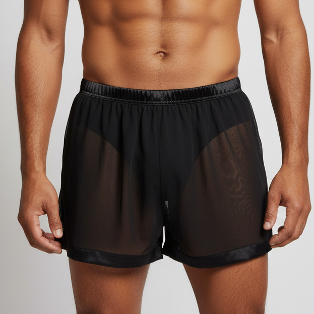 Front view of a model wearing black sheer mesh boxers with satin-trimmed hems