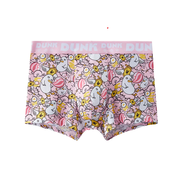 Front view of pink boxer briefs with a cartoon bird, candy, and star pattern and DUNK waistband