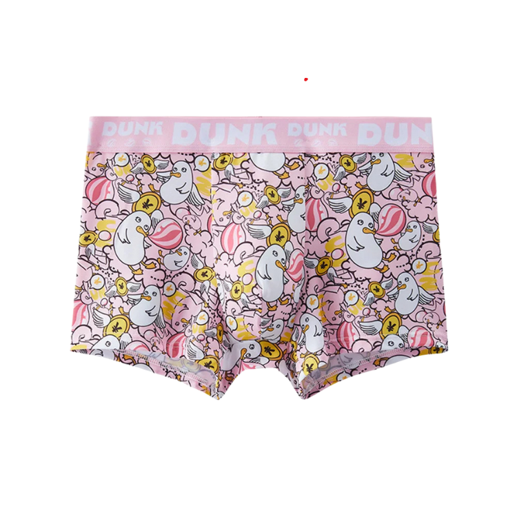 Front view of pink boxer briefs with a cartoon bird, candy, and star pattern and DUNK waistband