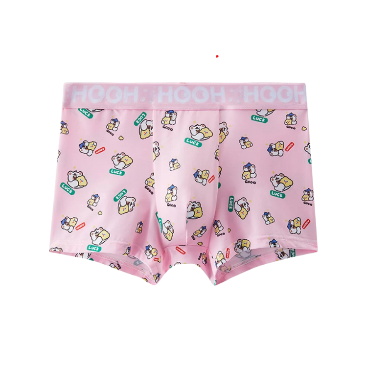 Front view of pink boxer briefs with cartoon characters and a repeating HOＯH waistband