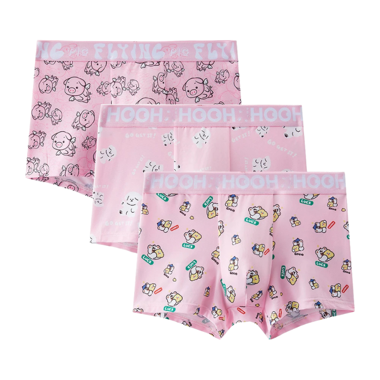 Three pink cartoon-print boxer briefs layered against a white background