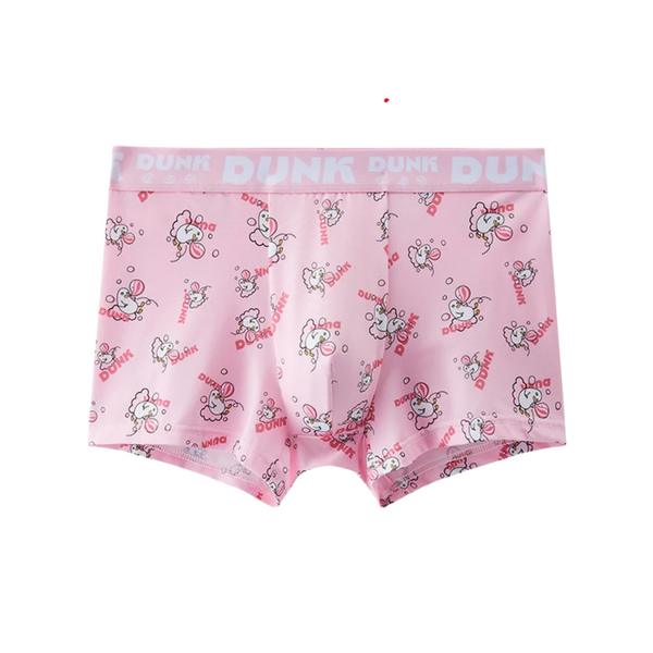Front view of pink cartoon-print boxer briefs with a wide DUNK waistband