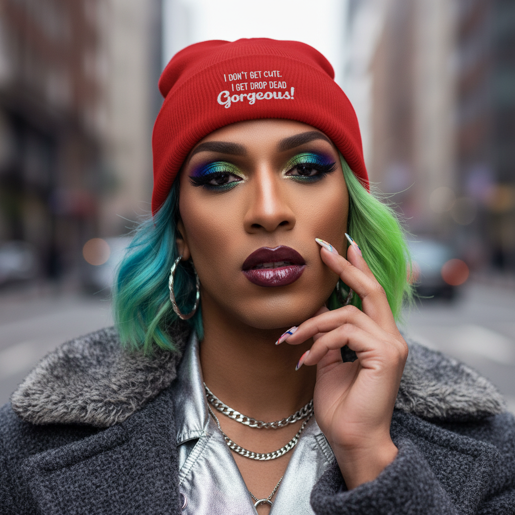 Model wearing a red cuffed beanie reading “I don’t get cute. I get drop dead gorgeous!”