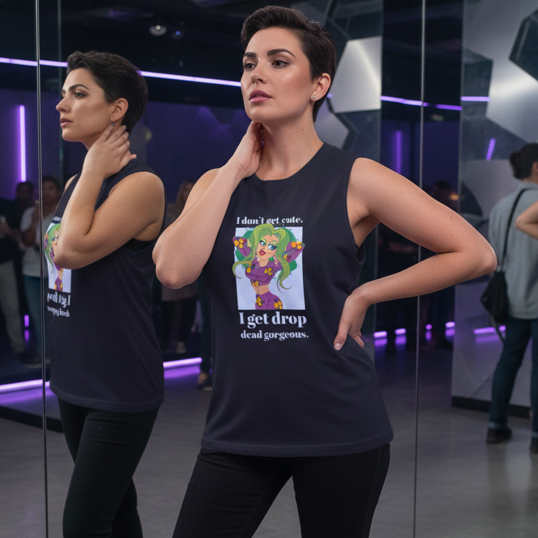 Drop Dead Gorgeous Muscle Top with bright cartoon art and slogan: I dont get cute