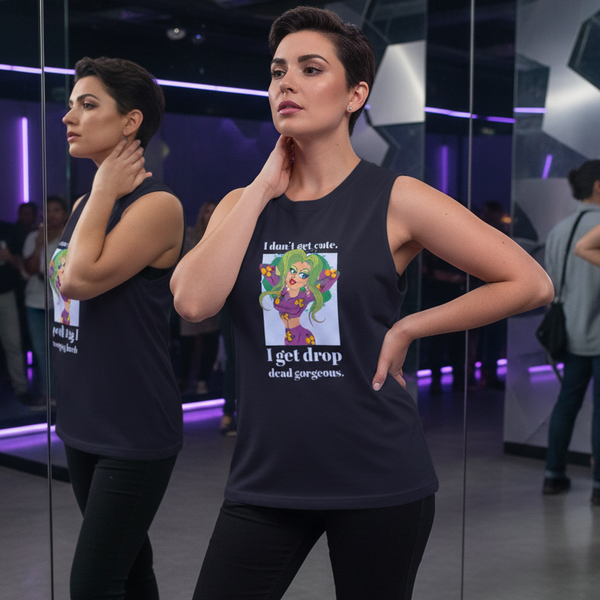 Drop Dead Gorgeous Muscle Top with bright cartoon art and slogan: I dont get cute