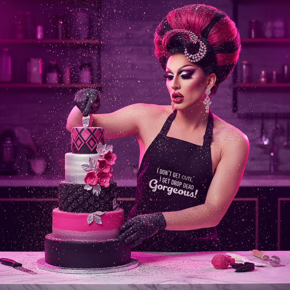 Drag performer in a black slogan apron decorates a pink-and-black tiered cake in a kitchen
