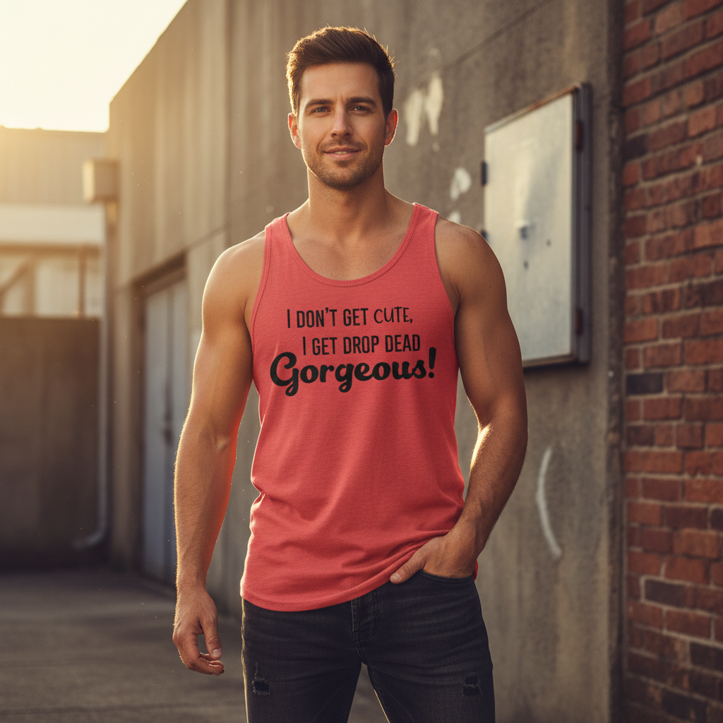 Unisex tank top in coral-red with bold black slogan: “I Dont Get Cute, I Get Drop Dead Gorgeous!”—queer pride energy
