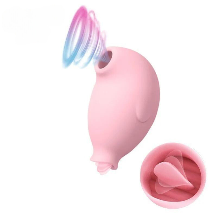 Pink penguin-shaped clitoral and nipple stimulation wand shown from the side with a suction cup base