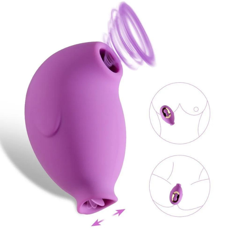 Purple penguin-shaped dual stimulator with suction cup and textured opening