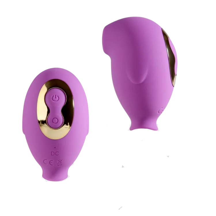 Two views of a purple penguin-shaped clitoral and nipple play wand with gold controls