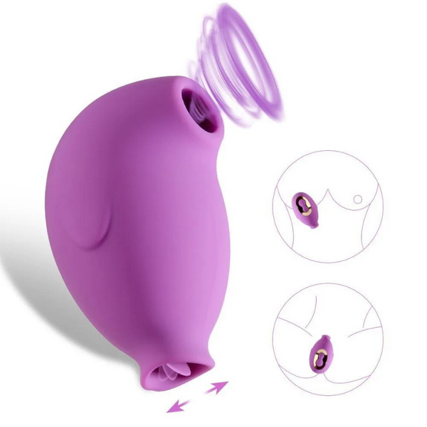 Purple penguin-shaped dual stimulator with suction cup and textured opening